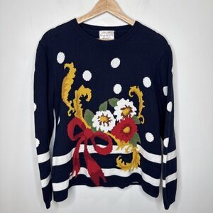 Vintage 90s Susan Bristol Sweater Women's M Dots Flowers Bow Stripes Art to Wear